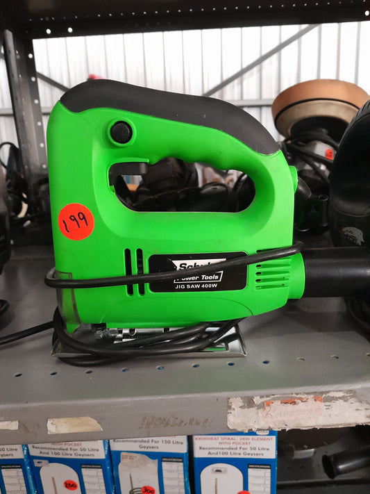 Green Schultz jig saw available for sale, 400W power, suitable for various cutting tasks in woodworking.