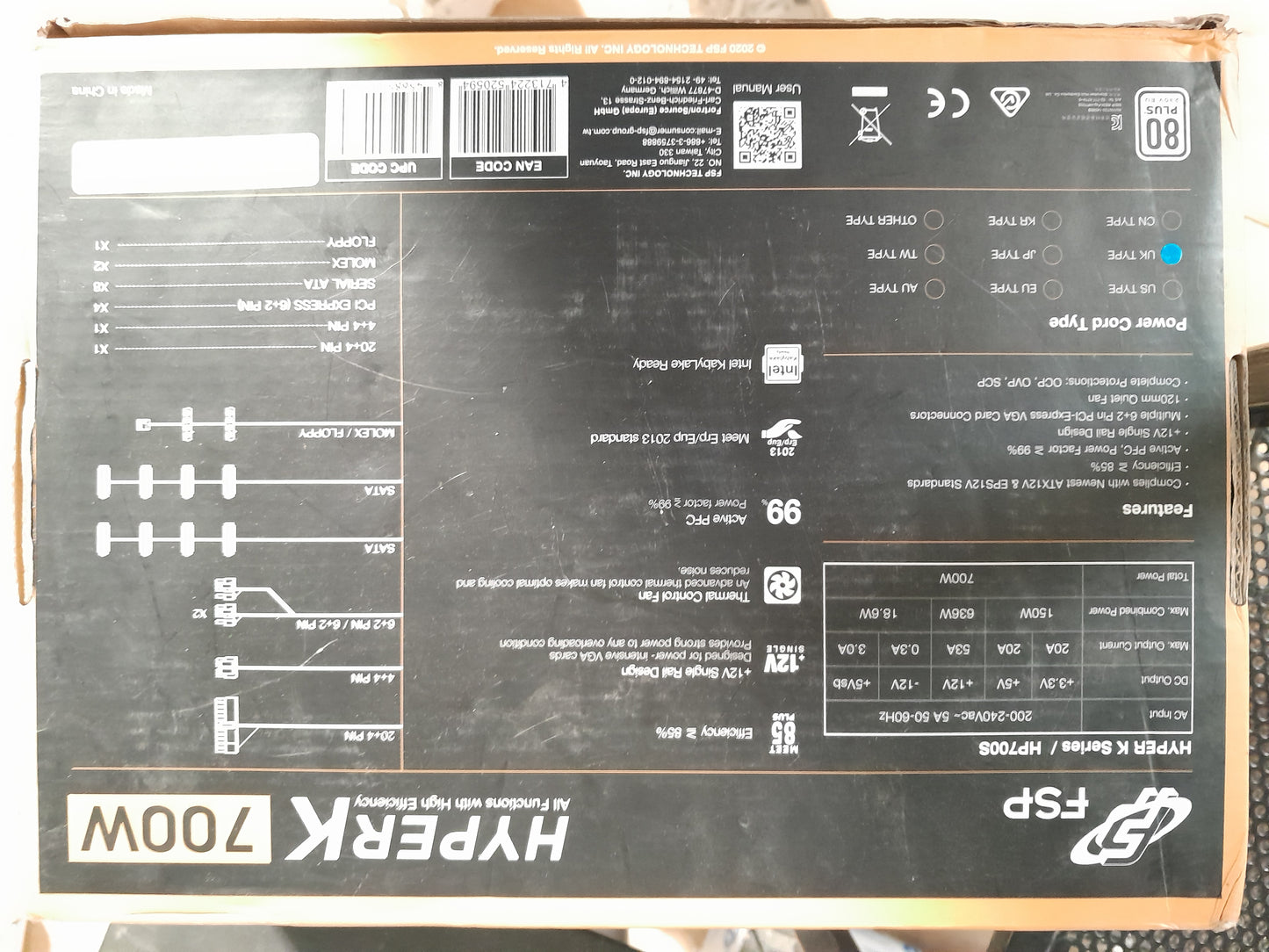 Back view of FSP 700W Hyper K power supply with detailed specifications and connections.