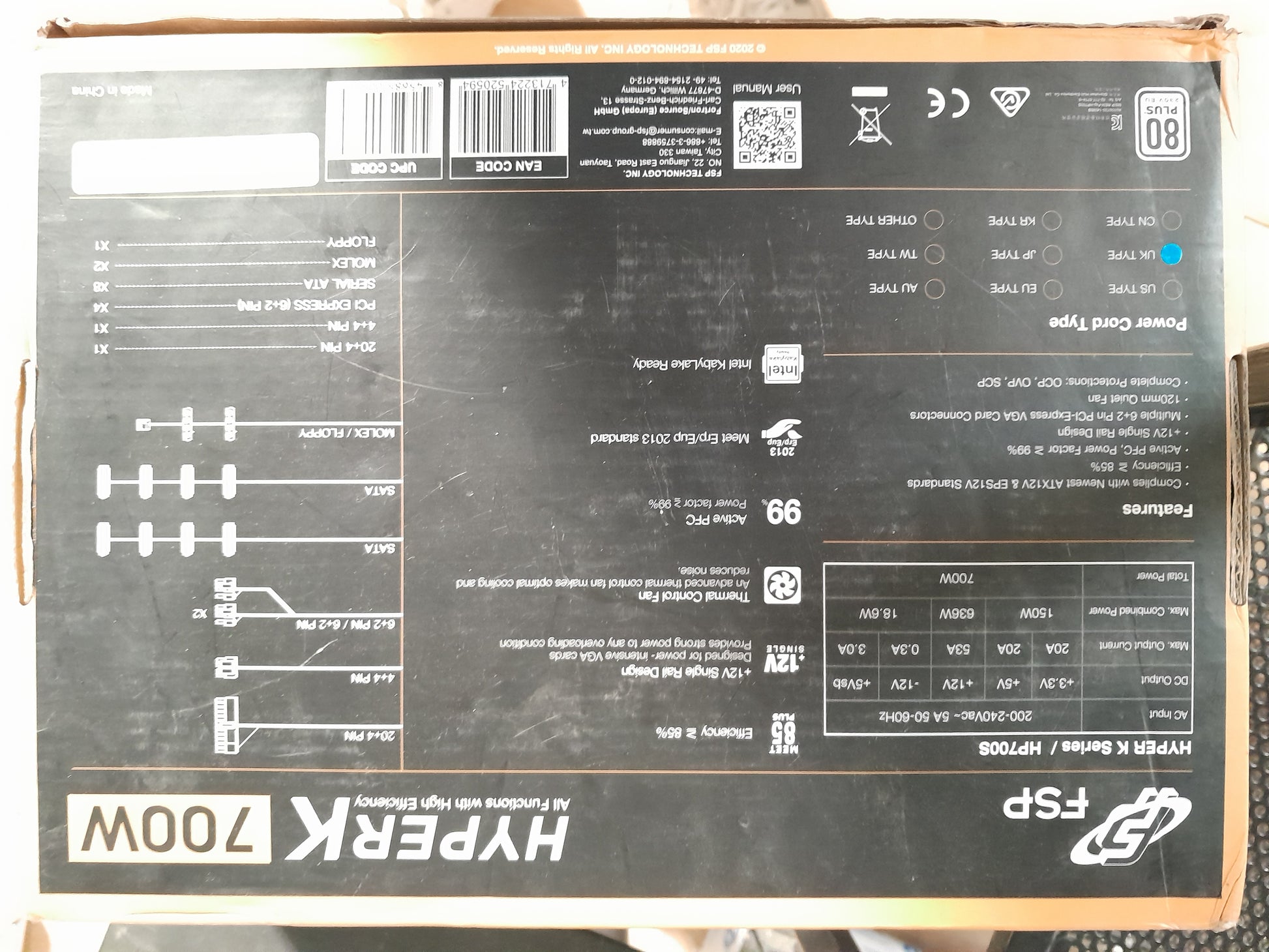 Back view of FSP 700W Hyper K power supply with detailed specifications and connections.
