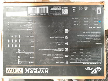 Back view of FSP 700W Hyper K power supply with detailed specifications and connections.