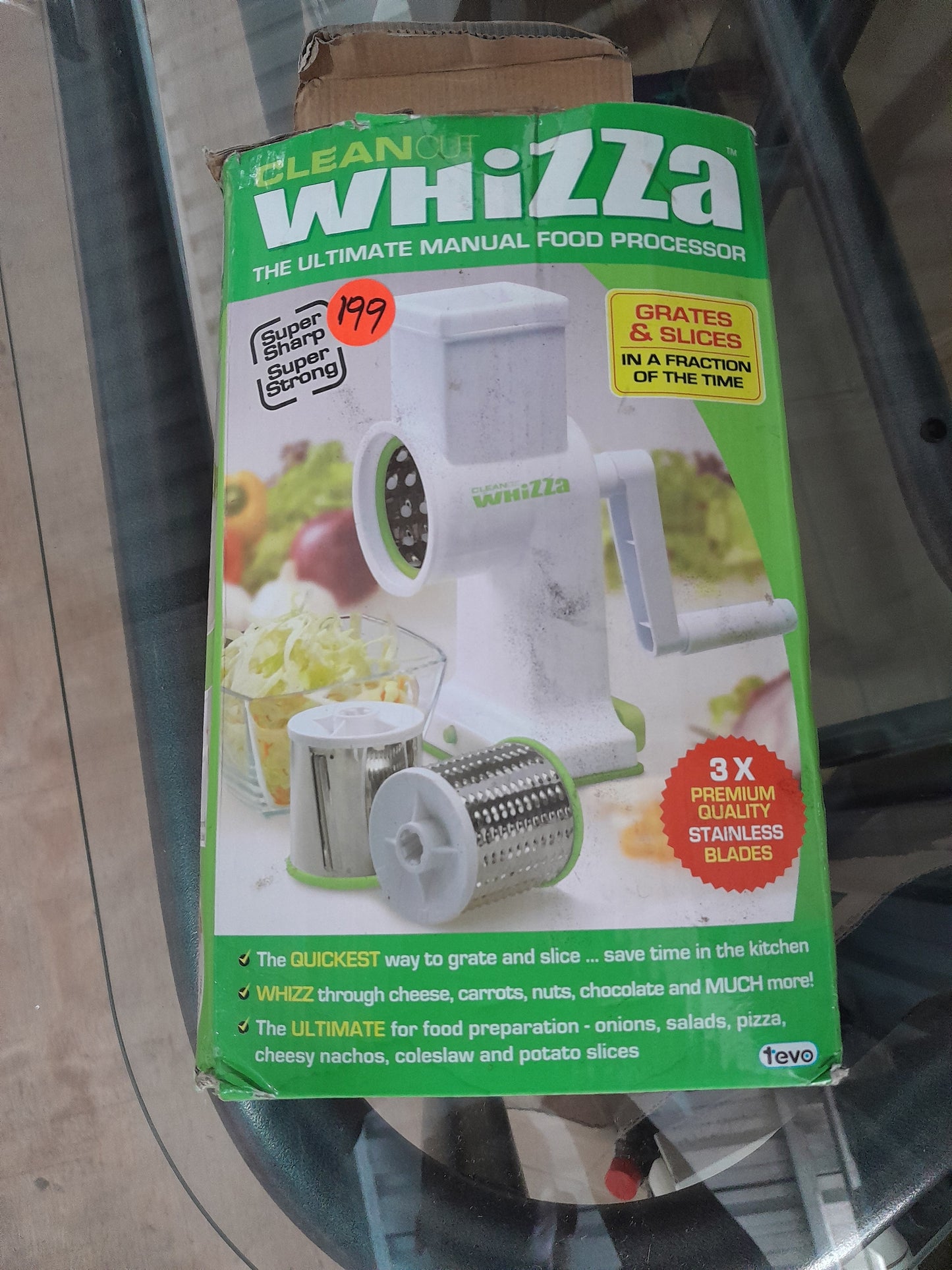 CleanCut Whizza manual food processor with stainless steel blades, perfect for quick grating and slicing.
