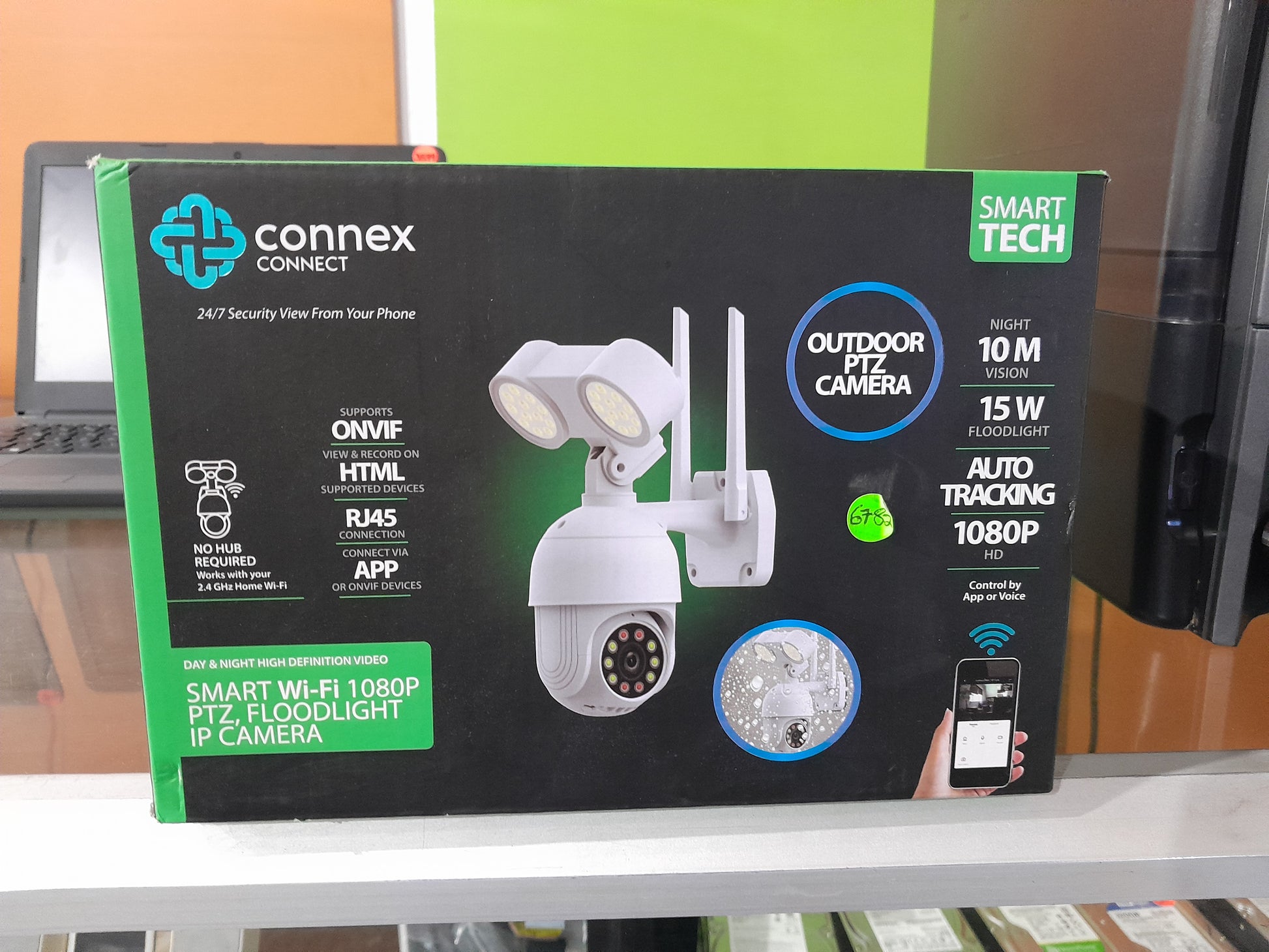 Connex Smart 1080p PTZ outdoor camera box showcasing features like night vision and floodlight.