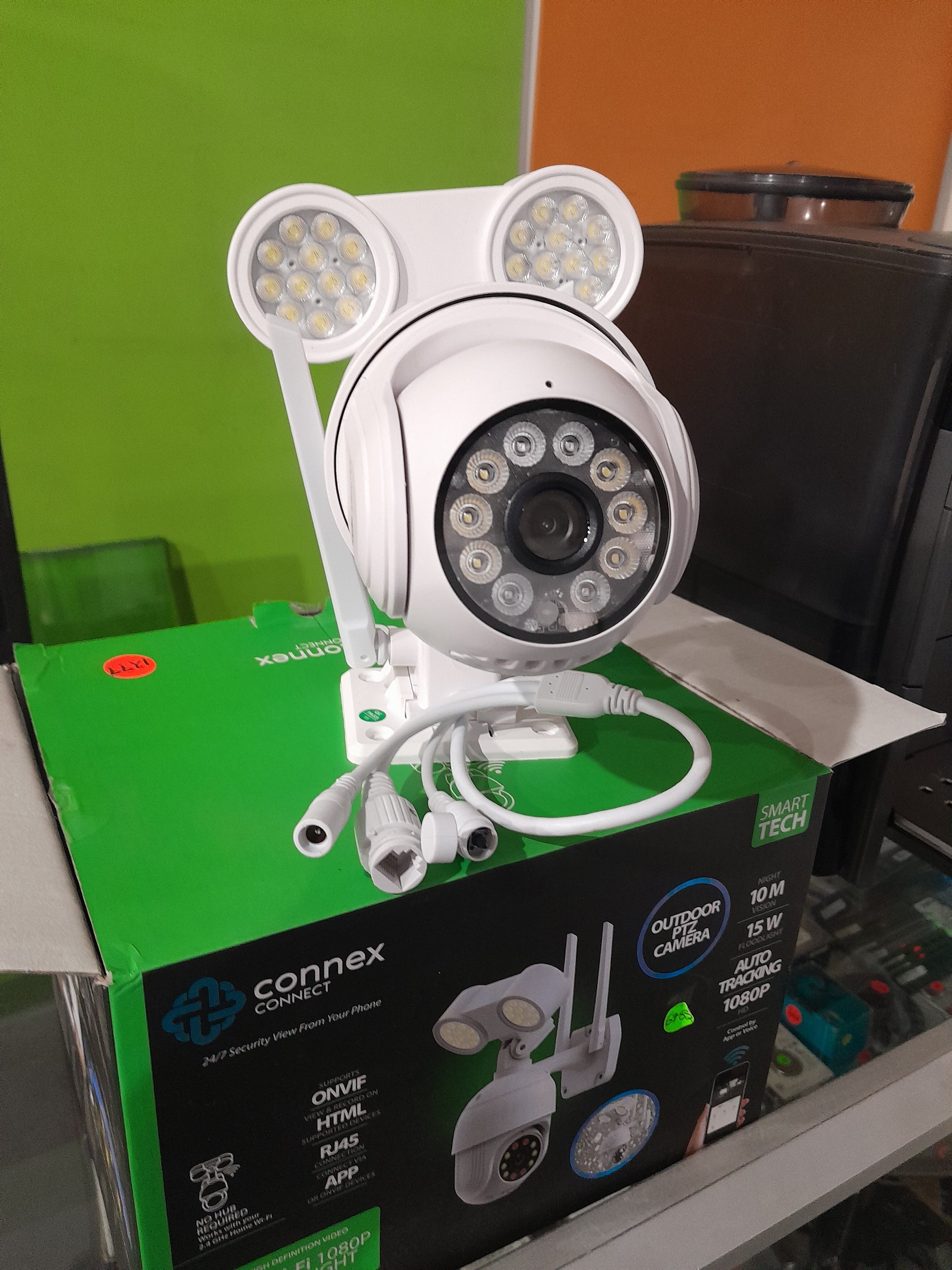 Connex Smart 1080p PTZ outdoor camera with night vision and floodlight features.