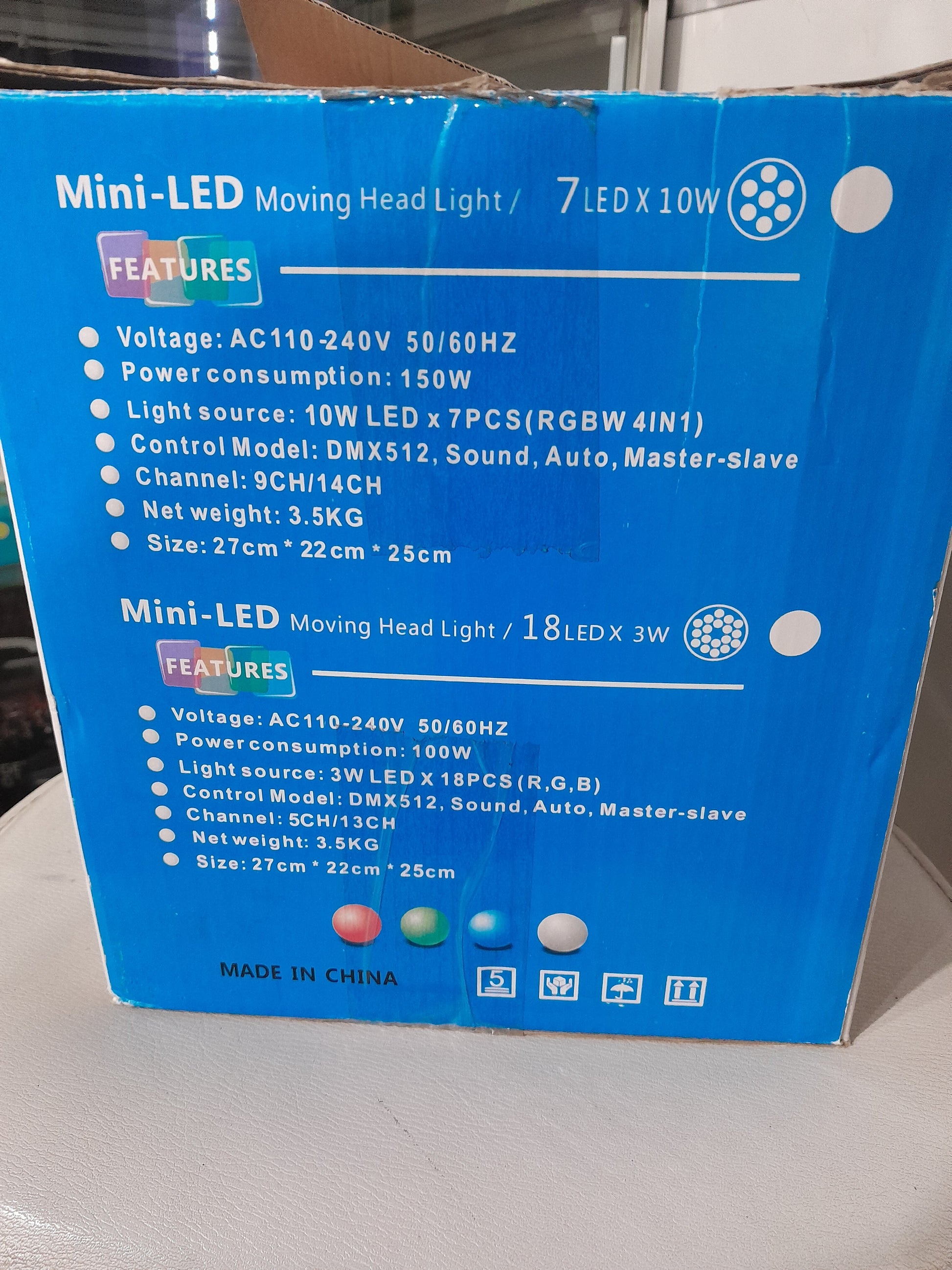 Energy-efficient Mini-LED moving head light, measuring 27x22x25cm, great for any event.