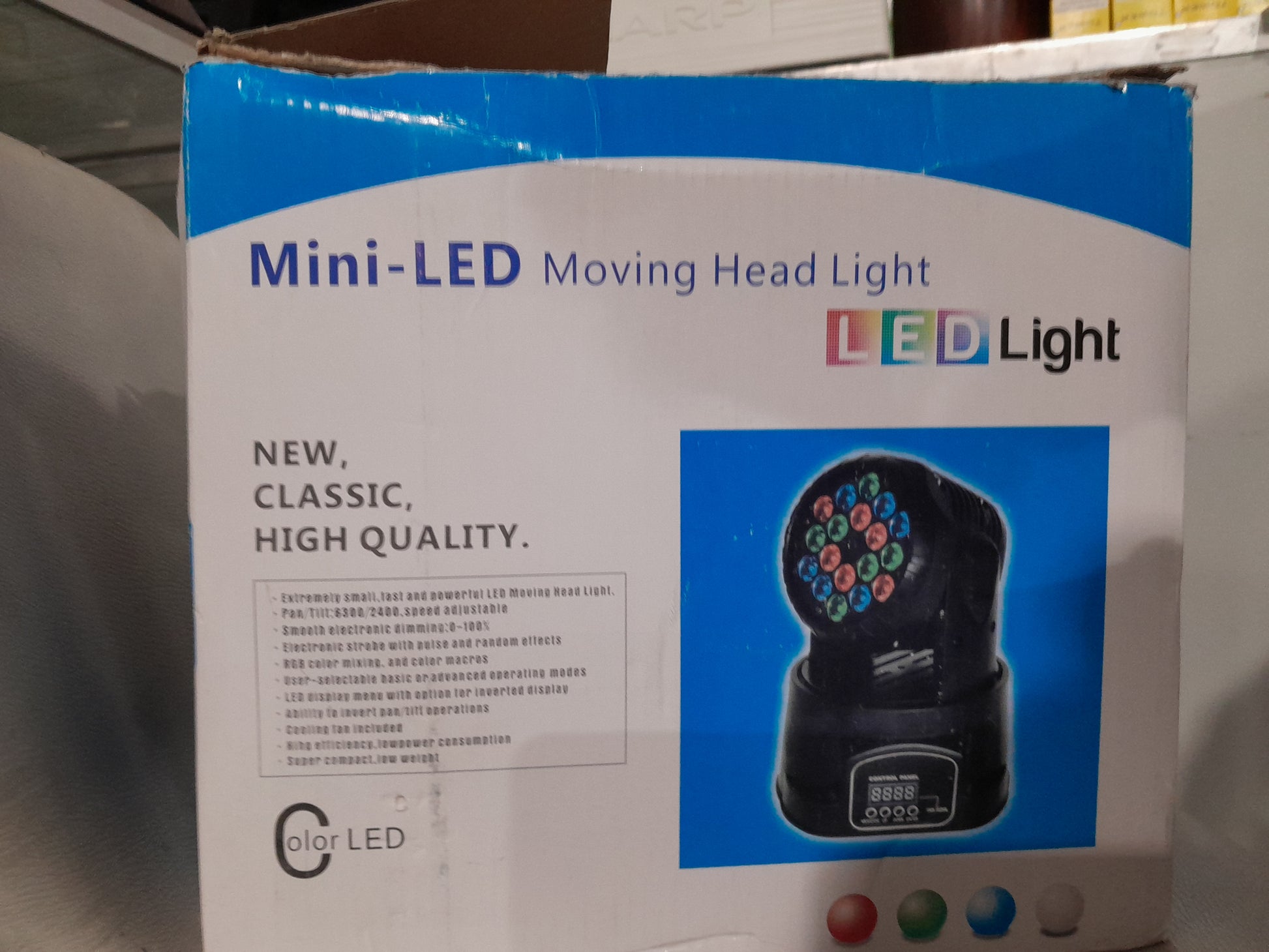 Versatile Mini-LED Moving Head Light, perfect for disco setups with low power consumption.