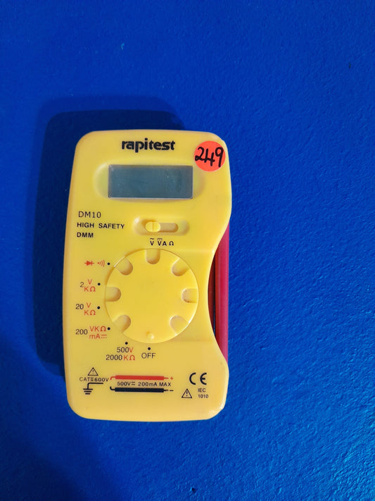 Rapitest DM10 digital multimeter measuring AC/DC voltage and resistance, compact design.