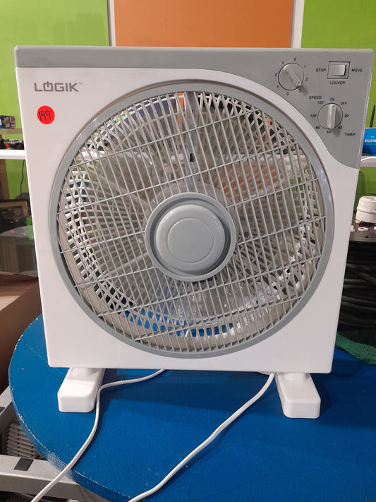 Logik 30 cm box fan with a two-hour timer and adjustable speed settings.