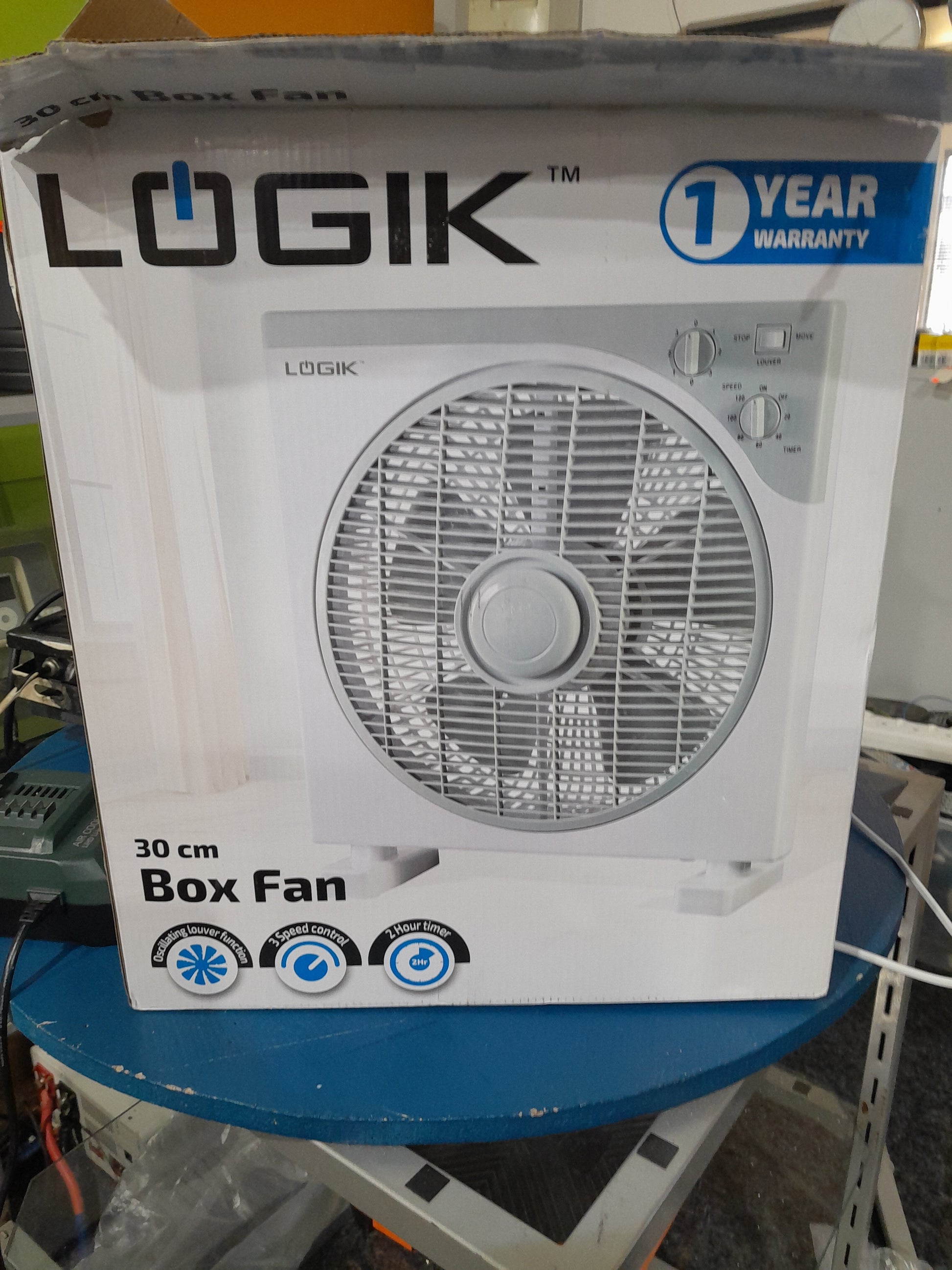 Logik 30 cm Box Fan with oscillating louver and 3 speed control for optimal airflow.