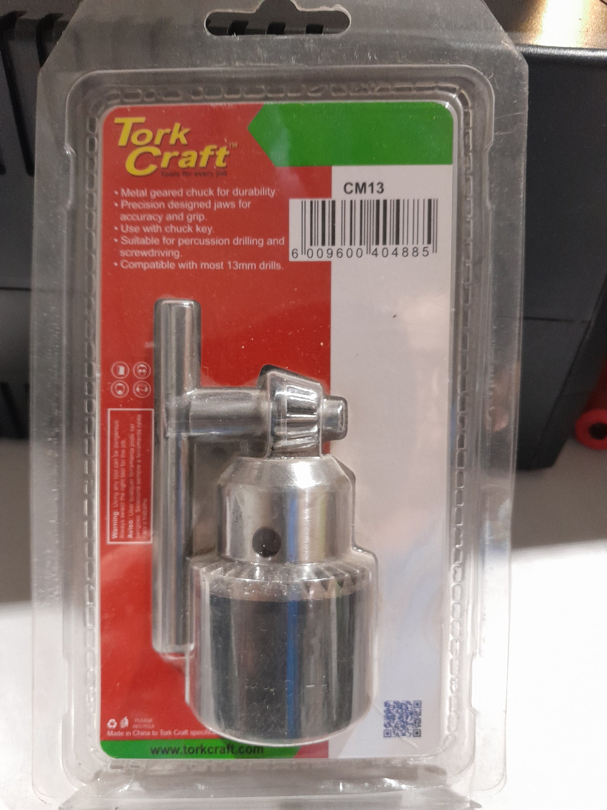 Tork Craft drill chuck includes a key for tightening and loosening drill bits easily.