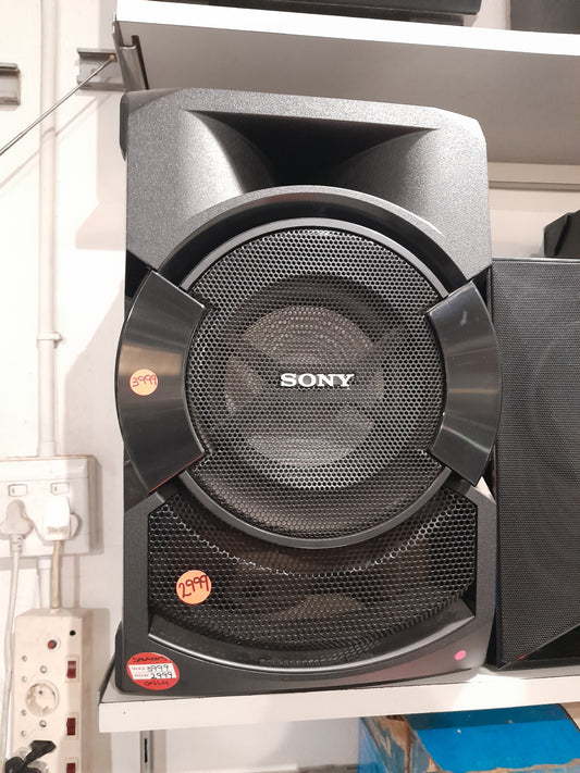 Sony speaker set displayed on a shelf, designed for powerful sound and bass, available for R2999.