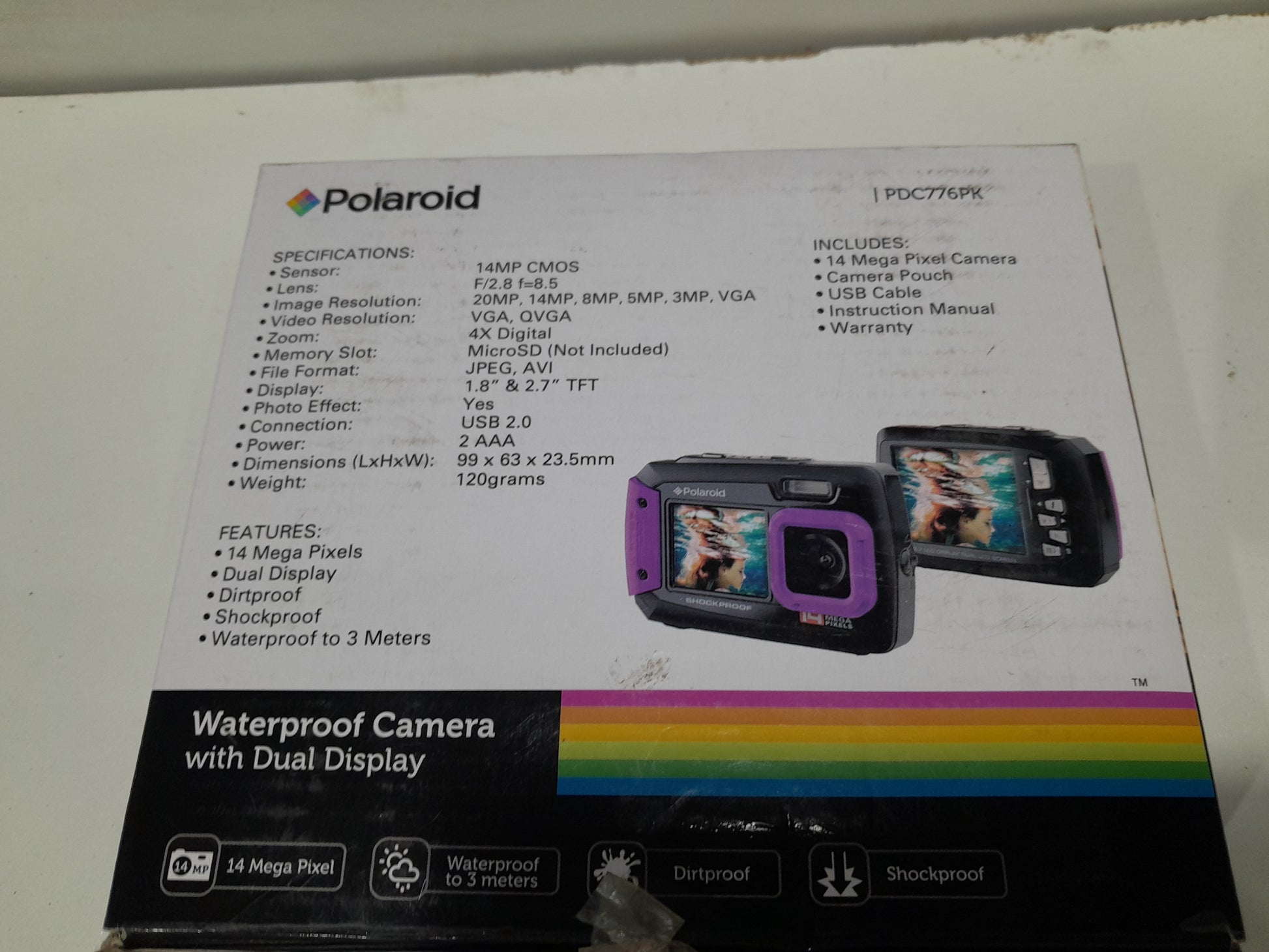 Detailed view of Polaroid PDC776PK camera highlighting its waterproof, dirtproof, and shockproof features.