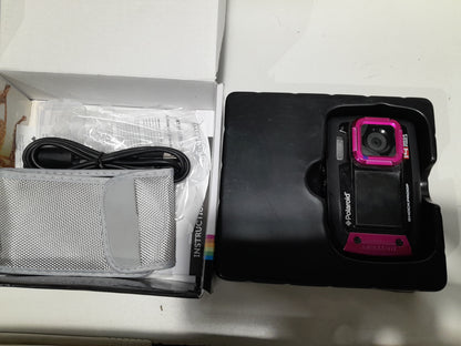 Polaroid PDC776PK waterproof camera with dual display, shockproof and dirtproof features.