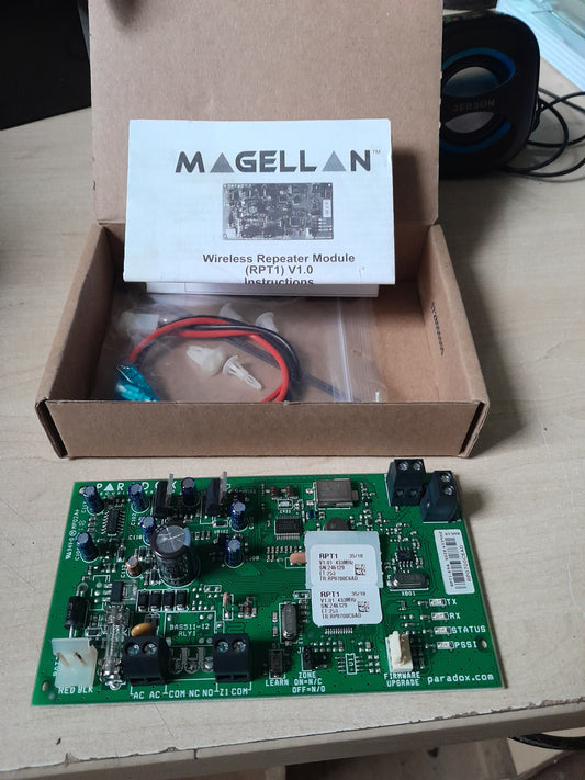 Close-up of Magellan Wireless Repeater Module PCB, essential for enhancing wireless security systems.