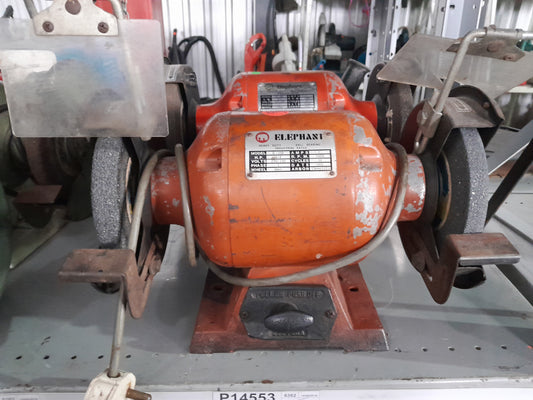 Used Elephant bench grinder with 150 mm wheel, adjustable tool rest, and spark shield.