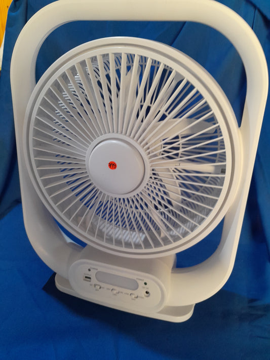 HomeQuip rechargeable fan with USB port and power bank function, perfect for cooling and charging devices.