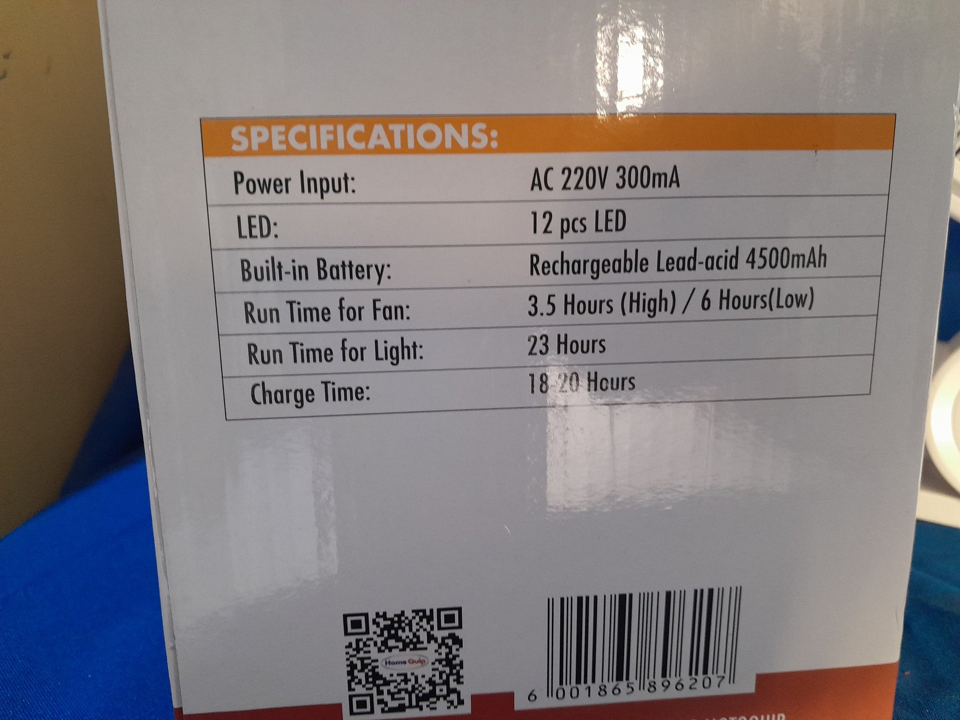Specifications of HomeQuip Rechargeable Fan detailing power input, battery life, and features.