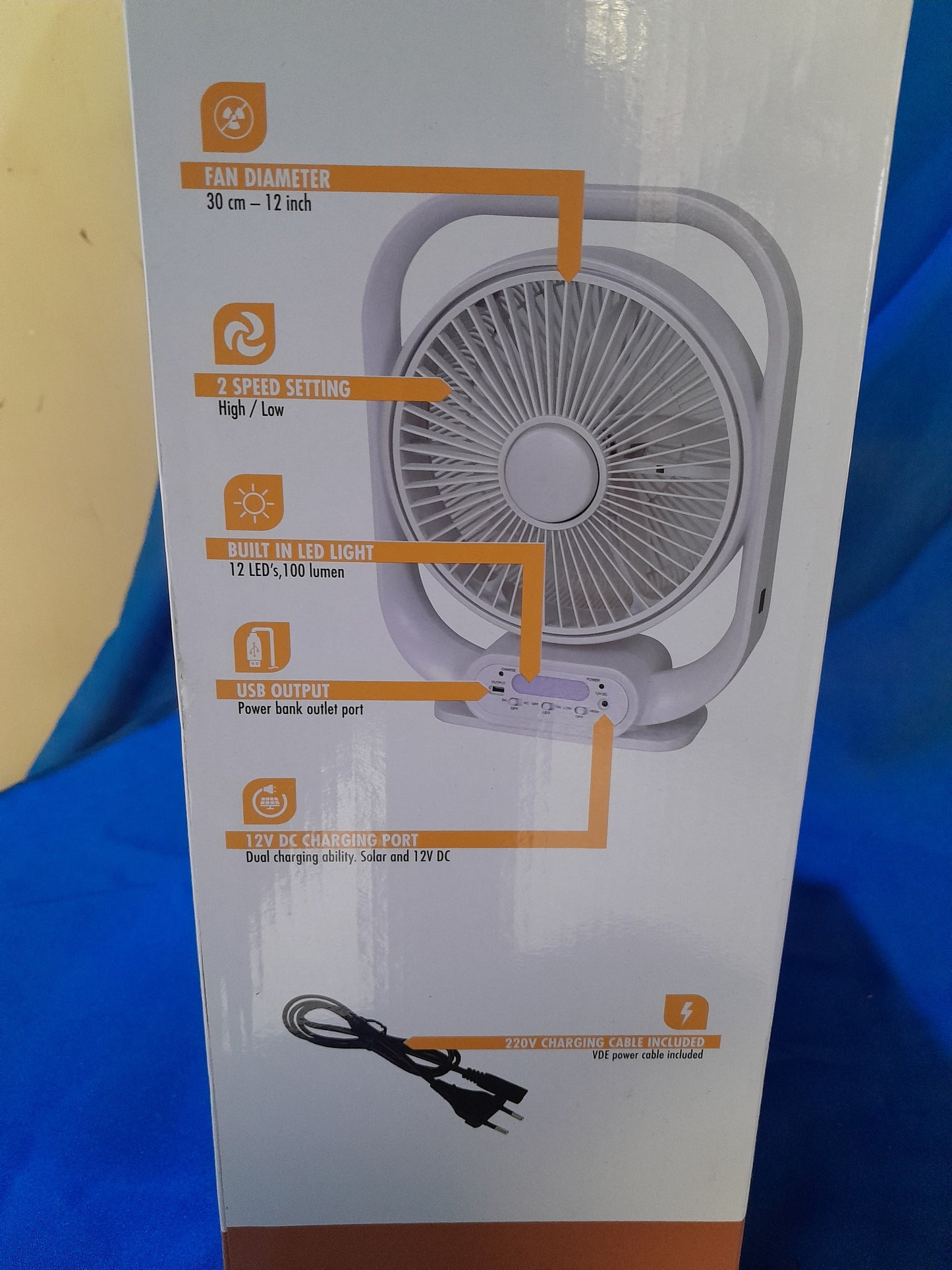 Information on the built-in battery and run times for the HomeQuip Rechargeable Fan.
