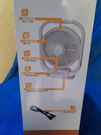 Information on the built-in battery and run times for the HomeQuip Rechargeable Fan.