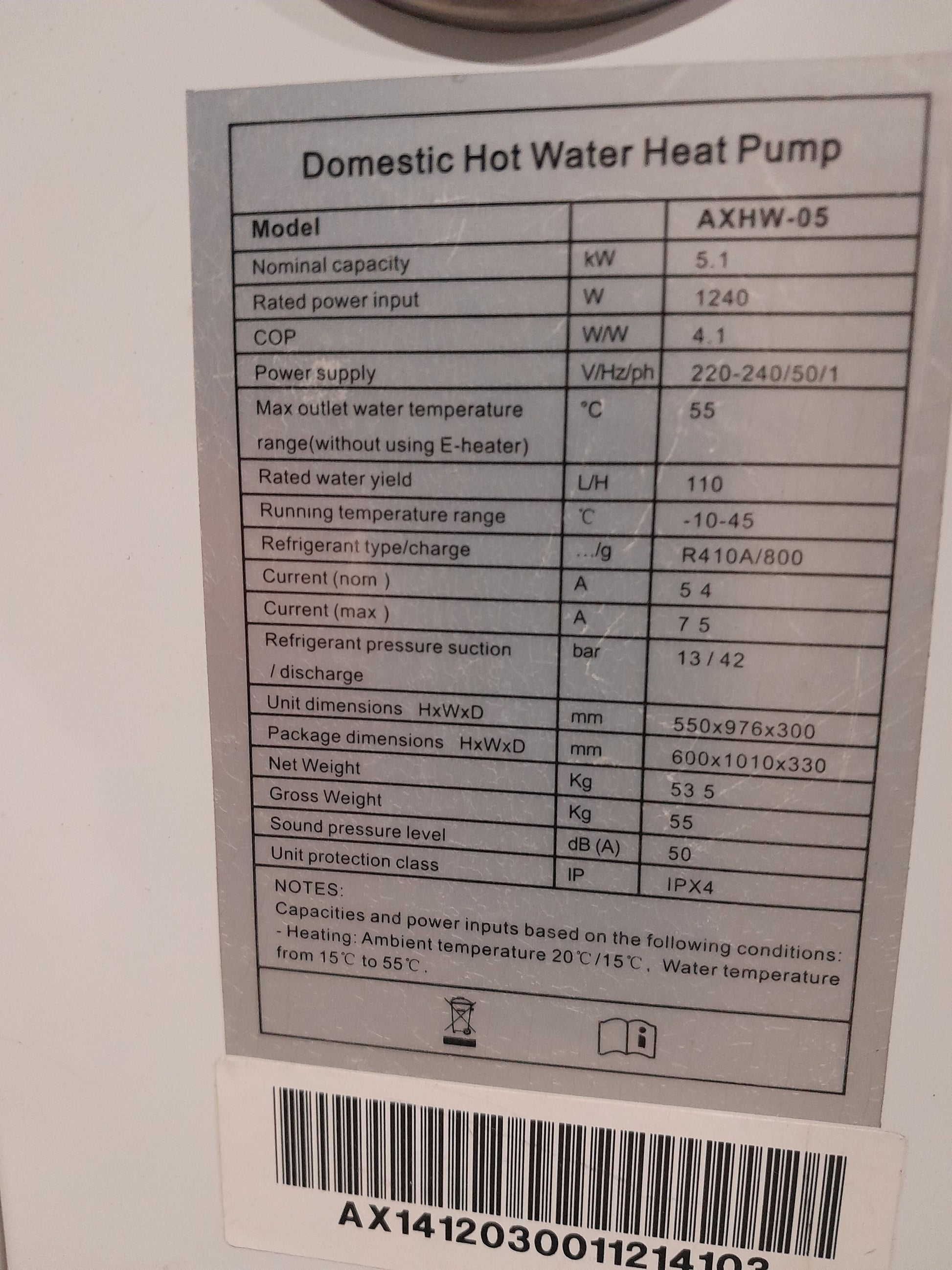 ThermoWise domestic hot water heat pump with a specification label detailing efficiency and operational metrics