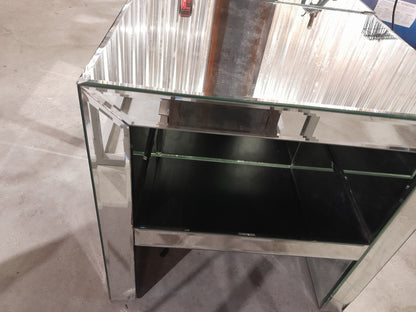 Contemporary 2x mirror bedside table, ideal for modern interiors, showing slight wear.