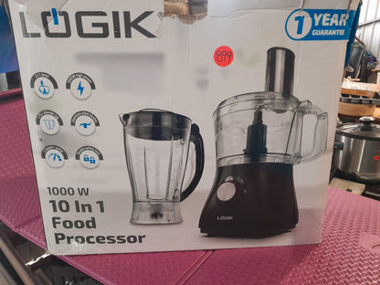 Logik 10 in 1 Food Processor with 1000W motor, stainless steel blades, and 4 speed settings with pulse for versatile use.