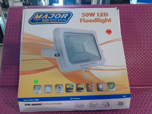 Major Tech 50W LED Floodlight box showcasing features and specifications for outdoor lighting.