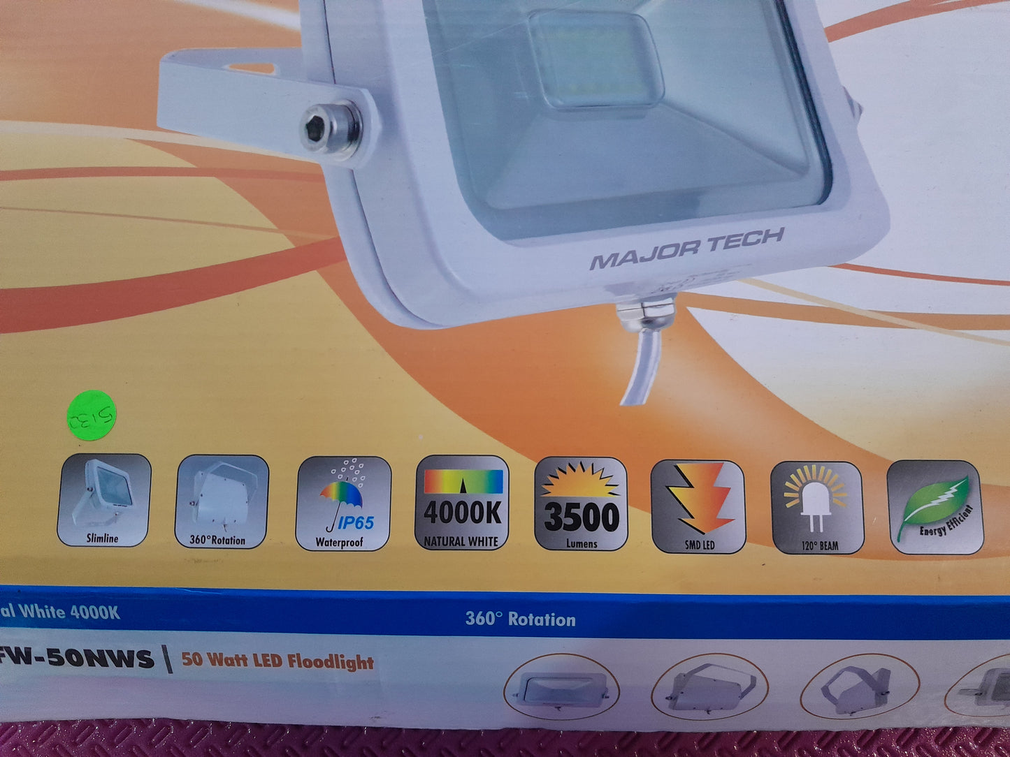 Specifications of Major Tech 50W LED Floodlight, ideal for illuminating outdoor areas like courtyards.