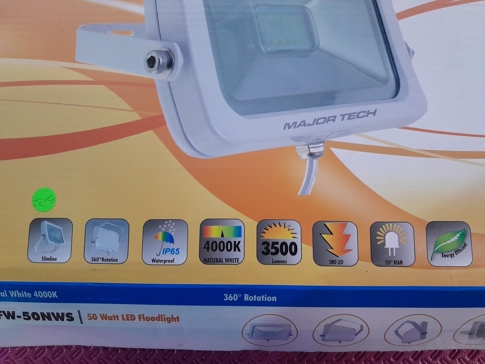 Specifications of Major Tech 50W LED Floodlight, ideal for illuminating outdoor areas like courtyards.