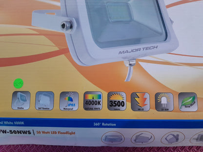 Specifications of Major Tech 50W LED Floodlight, ideal for illuminating outdoor areas like courtyards.