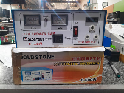 Front view of Golstone G-500W inverter highlighting input and output specifications.