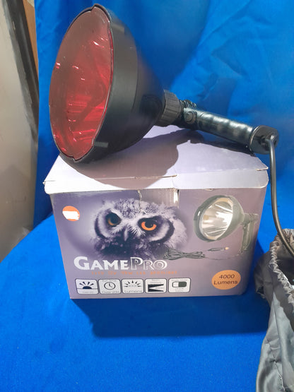 GamePro Tyto 4000 Lumens Spotlight with red lens, ideal for outdoor adventures and emergencies.