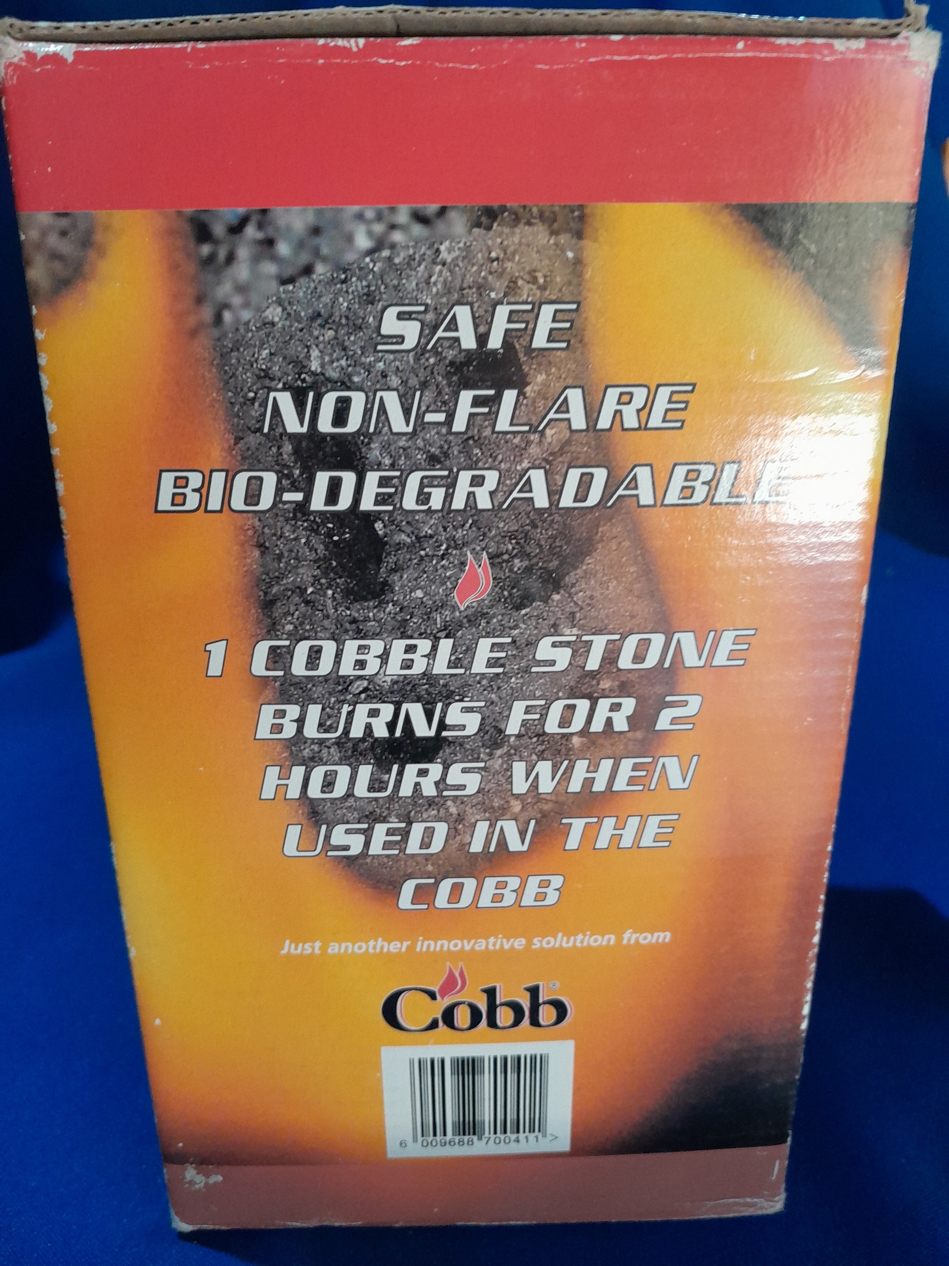 Box of Cobb Cobblers stone, featuring six pieces that burn for up to two hours each.