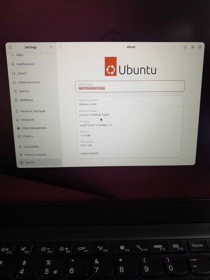 Lenovo Thinkpad i5 laptop screen displaying Ubuntu settings, perfect for work or study.
