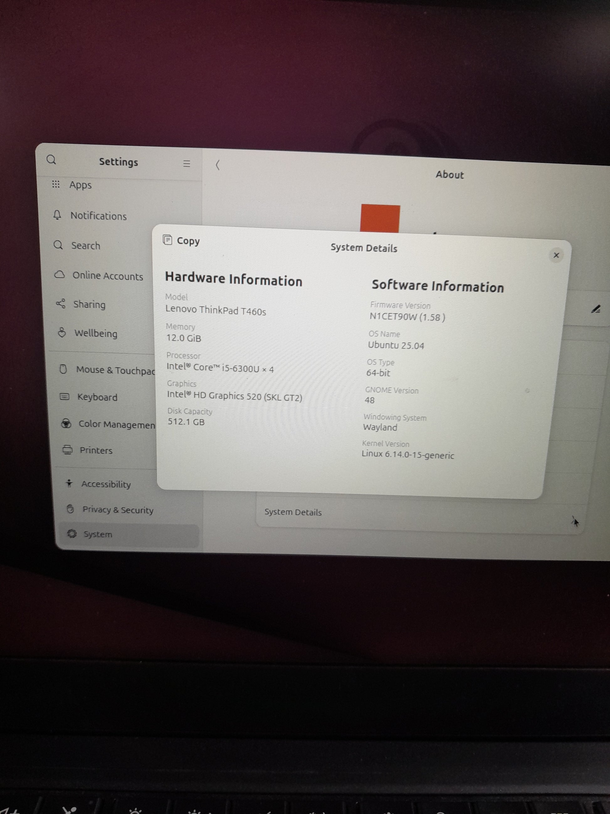 Lenovo Thinkpad i5 laptop screen displaying Ubuntu settings, perfect for work or study.