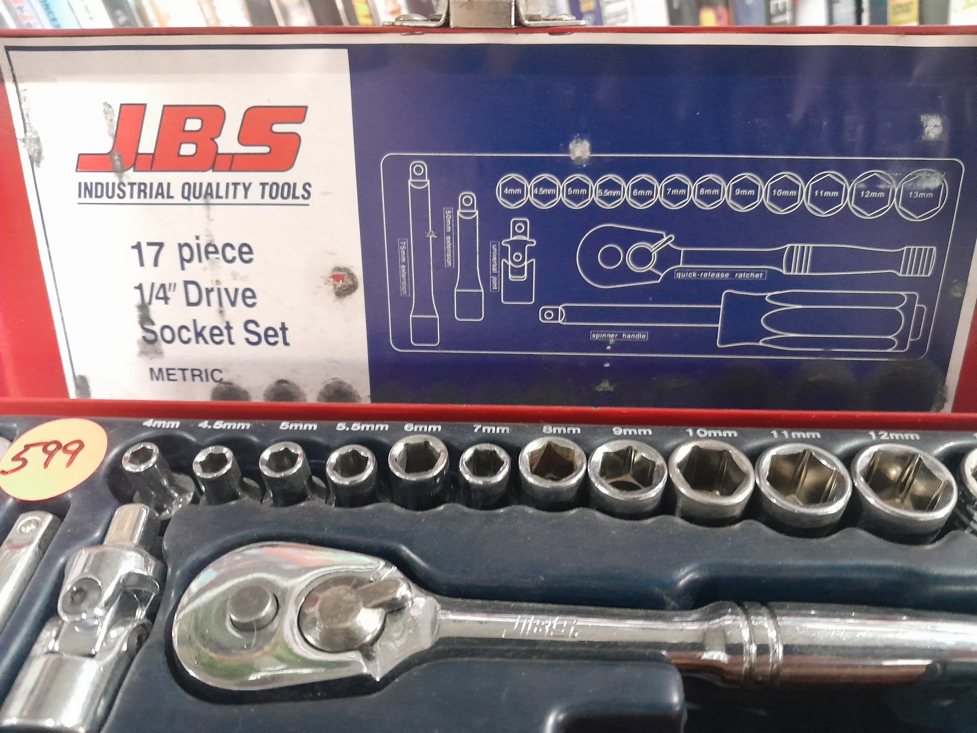 Detailed view of a 17 piece socket set, ideal for home repairs and automotive tasks.