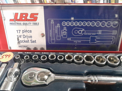 Detailed view of a 17 piece socket set, ideal for home repairs and automotive tasks.