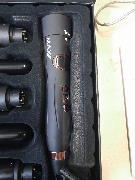 Max Pro Miracle 5 in 1 Curling Tongs set in a sleek case for versatile hair styling.