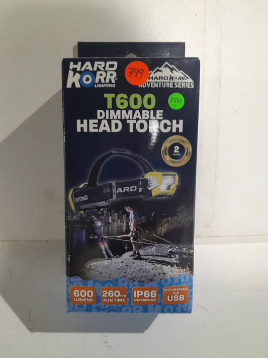 Hard Korr T600 Dimmable Head Torch packaging showcasing features and specifications.