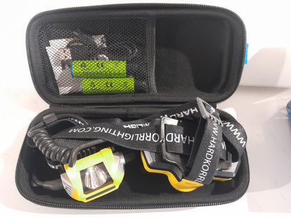 Open case displaying the Hard Korr T600 head torch and its components, perfect for camping and DIY.