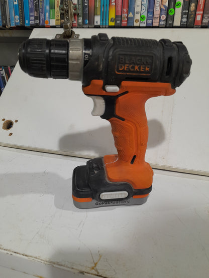 Compact Black&Decker cordless drill featuring an LED work light, great for dark areas and precision work.
