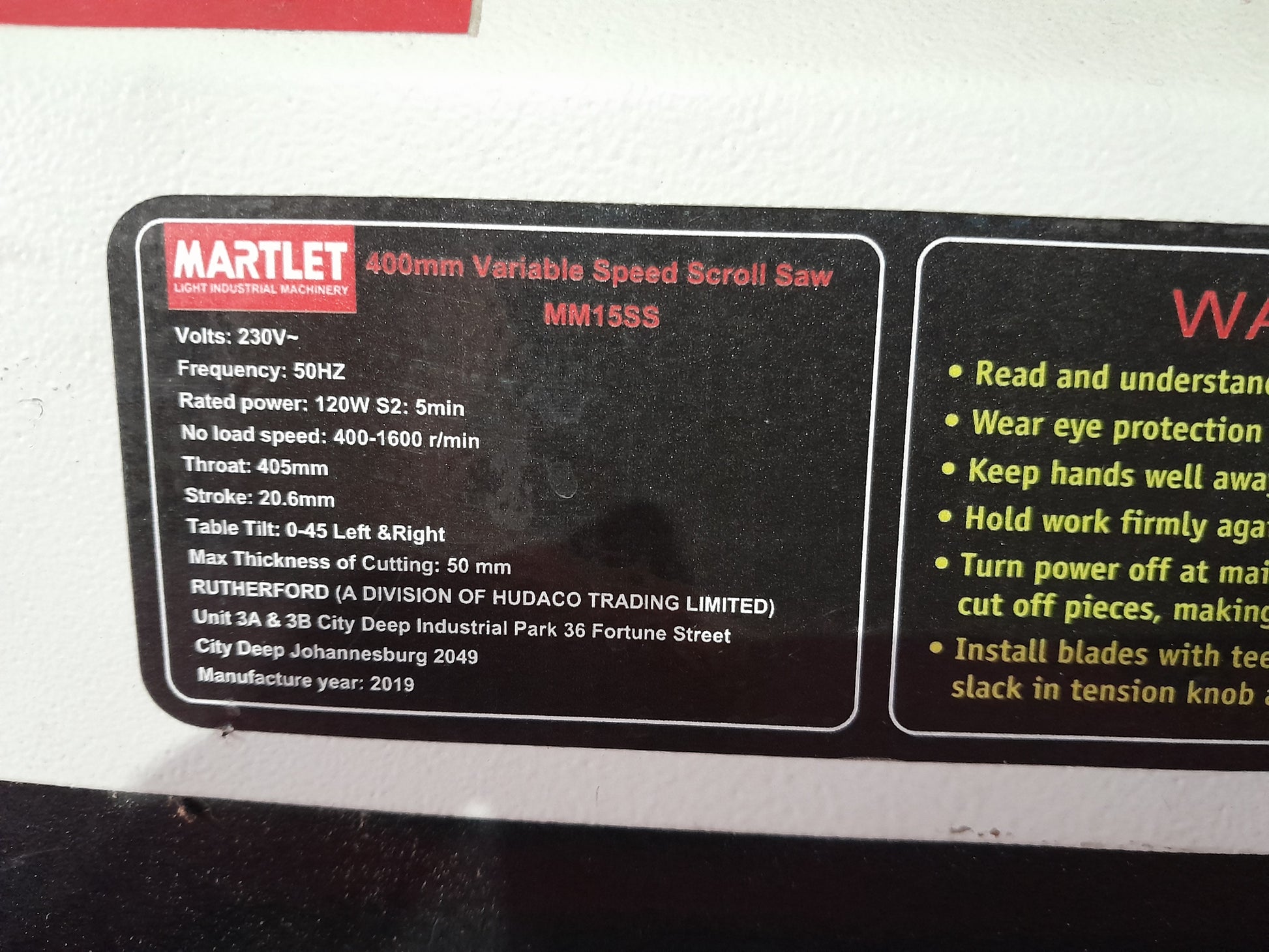 Close-up of Martlet 400mm Scroll Saw, ideal for intricate cuts with a maximum thickness of 50mm.