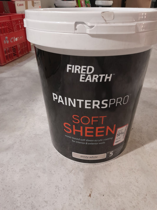 Fire Earth Soft Sheen Misty White 20L paint, ideal for interior and exterior walls.