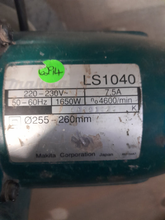 Close-up of Makita LS1040 compound mitre saw features, perfect for accurate wood cuts.