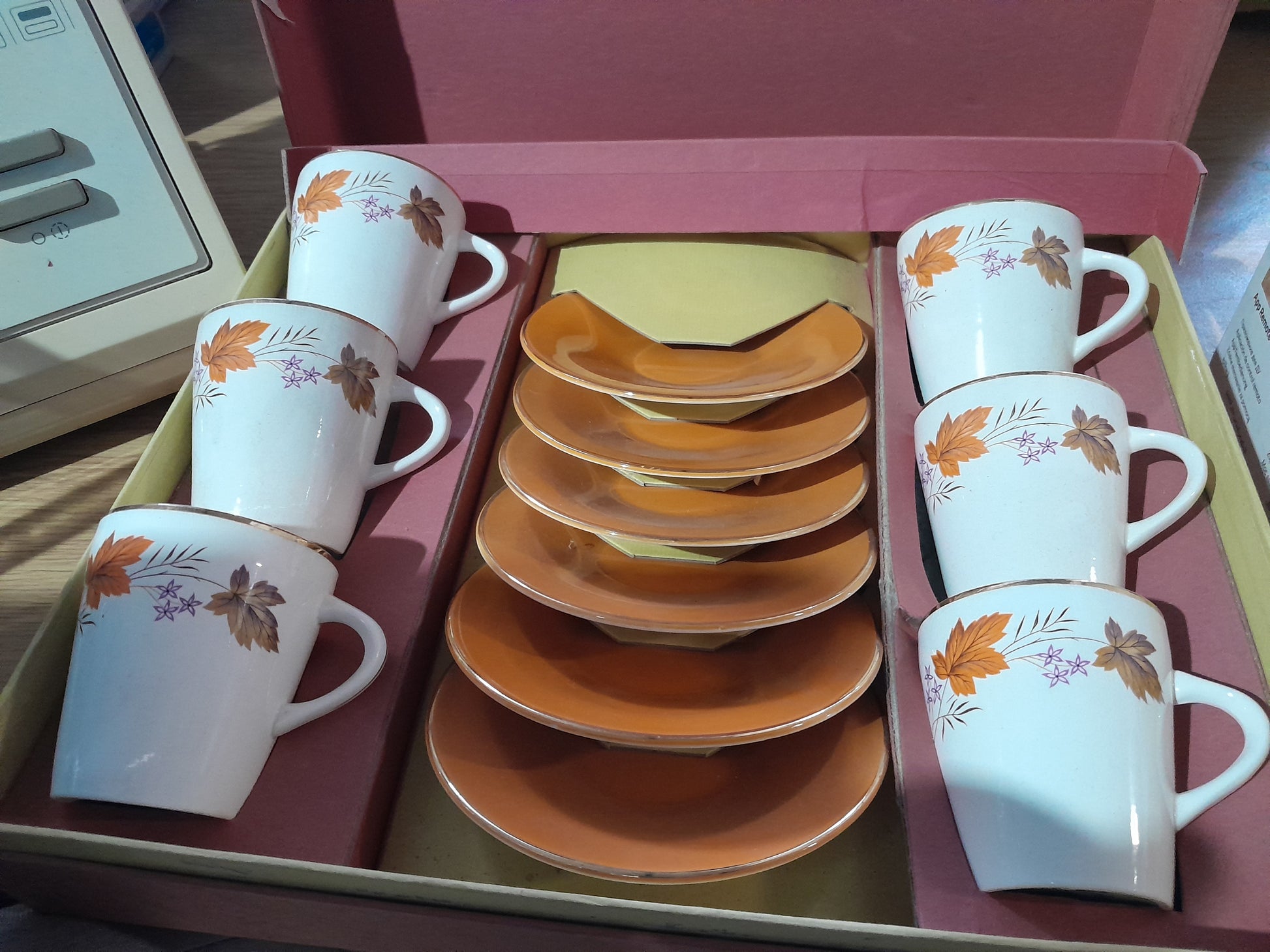 Beautiful Palissy cup and saucer set, made in England, showcasing autumn leaf design on fine china.