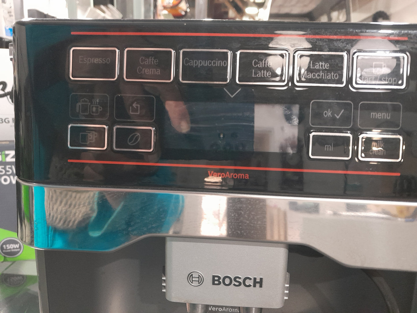 Close-up of Bosch VeroAroma 500 control panel showcasing coffee options and settings.