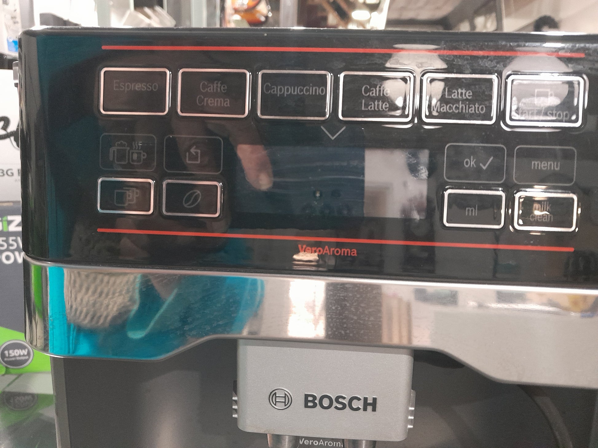 Close-up of Bosch VeroAroma 500 control panel showcasing coffee options and settings.