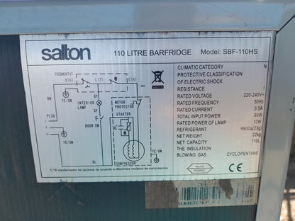 Detailed specifications of the Salton 110 litre bar fridge model SBF-110HS.